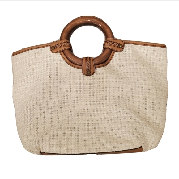 FOSSIL Ivory Woven Tweed Wood Handle Bag - Picture 2 of 6